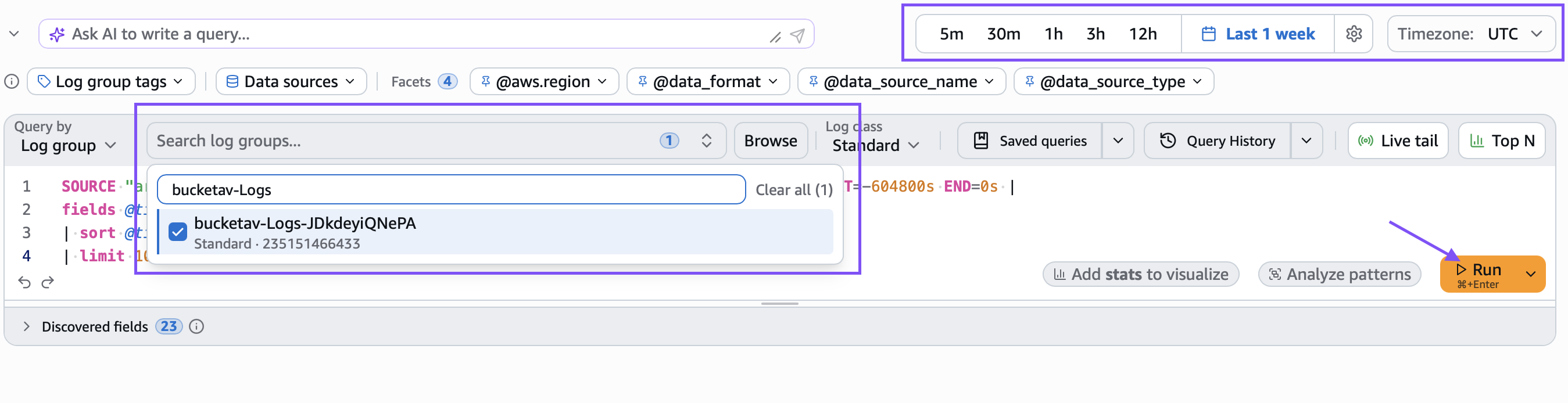 Query bucketAV logs wth CloudWatch Logs Analytics