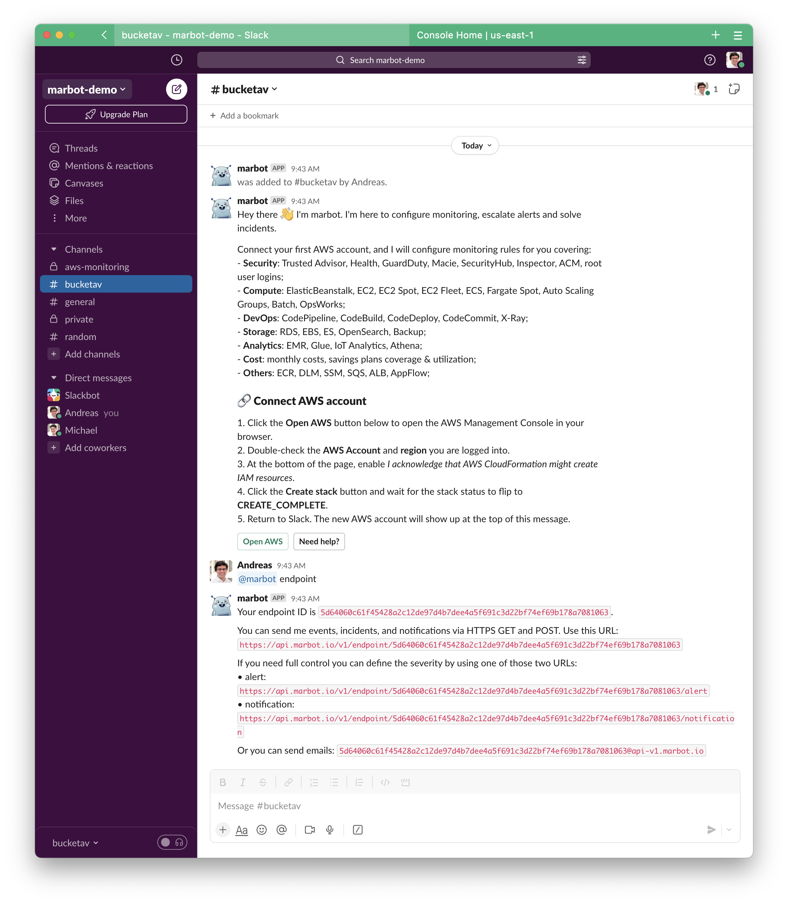 Inviting marbot to a Slack channel and fetch endpoint