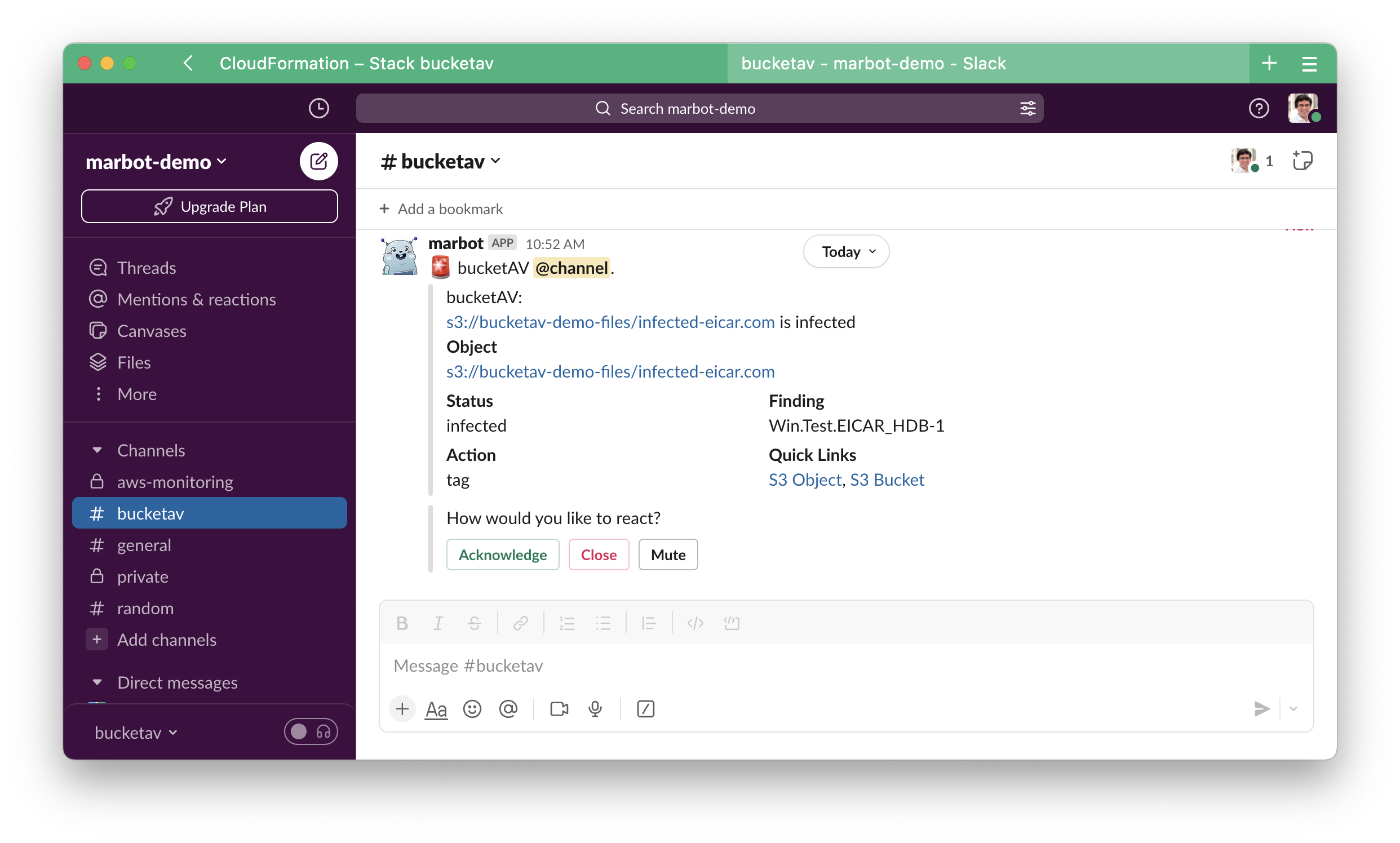 bucketAV notification about infected file in Slack